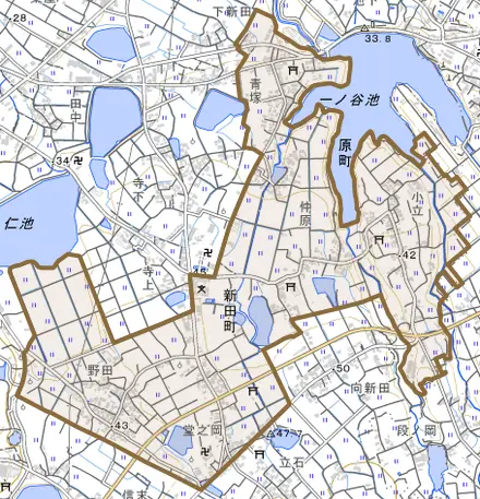 原町とその周辺の地図。町の範囲を重ねている