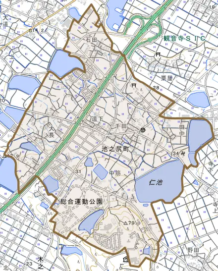 池之尻町とその周辺の地図。町の範囲を重ねている