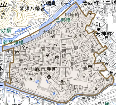 観音寺町とその周辺の地図。町の範囲を重ねている