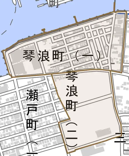 琴浪町とその周辺の地図。町の範囲を重ねている