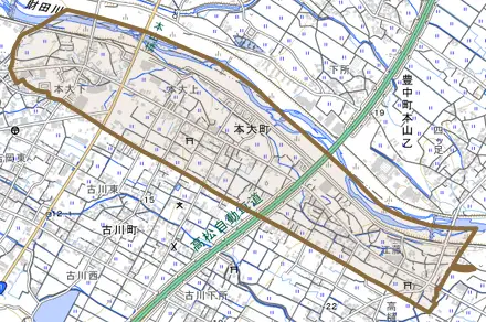 本大町とその周辺の地図。町の範囲を重ねている