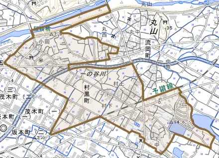 村黒町とその周辺の地図。町の範囲を重ねている