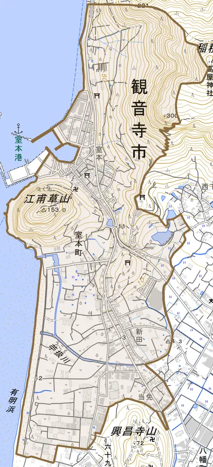 室本町とその周辺の地図。町の範囲を重ねている