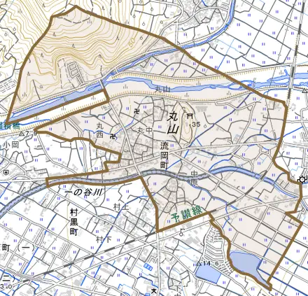 流岡町とその周辺の地図。町の範囲を重ねている