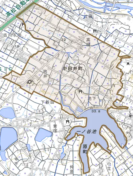 中田井町とその周辺の地図。町の範囲を重ねている