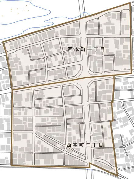 西本町とその周辺の地図。町の範囲を重ねている