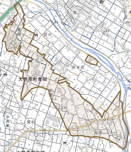 大野原町青岡とその周辺の地図。町の範囲を重ねている