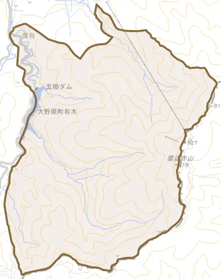 大野原町有木とその周辺の地図。町の範囲を重ねている