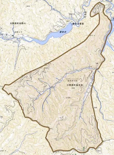 大野原町海老済とその周辺の地図。町の範囲を重ねている