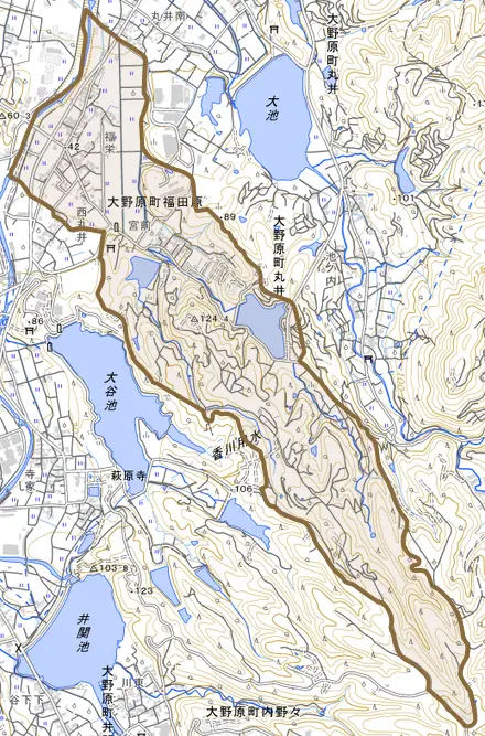 大野原町福田原とその周辺の地図。町の範囲を重ねている