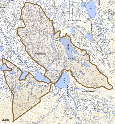 大野原町萩原とその周辺の地図。町の範囲を重ねている
