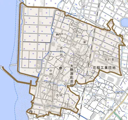 大野原町花稲とその周辺の地図。町の範囲を重ねている