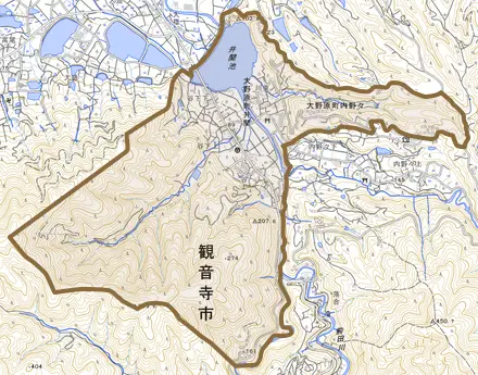 大野原町井関とその周辺の地図。町の範囲を重ねている