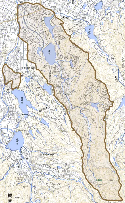 大野原町丸井とその周辺の地図。町の範囲を重ねている