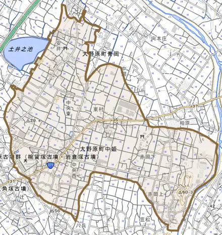 大野原町中姫とその周辺の地図。町の範囲を重ねている