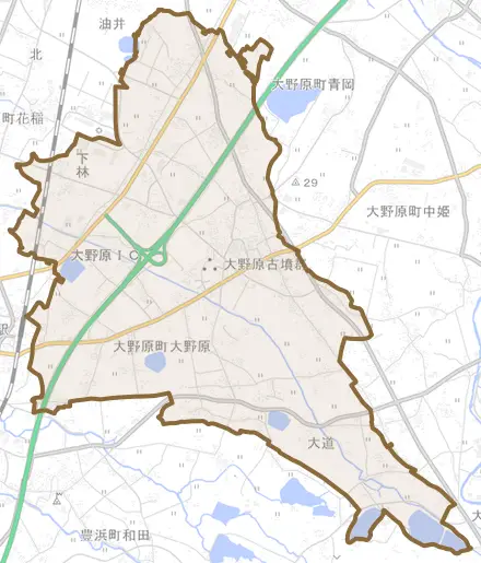 大野原町大野原とその周辺の地図。町の範囲を重ねている
