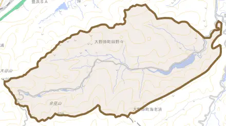 大野原町田野々とその周辺の地図。町の範囲を重ねている