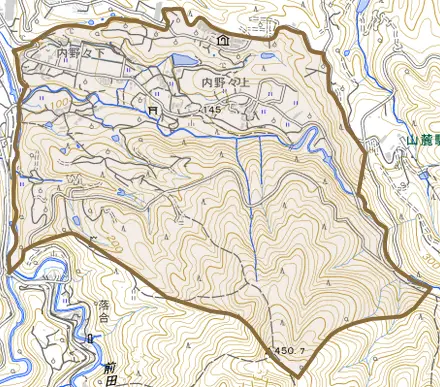 大野原町内野々とその周辺の地図。町の範囲を重ねている
