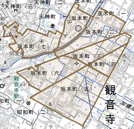 坂本町とその周辺の地図。町の範囲を重ねている