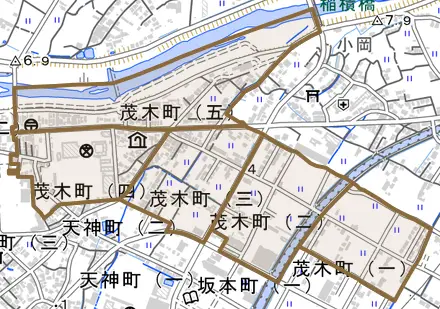 茂木町とその周辺の地図。町の範囲を重ねている