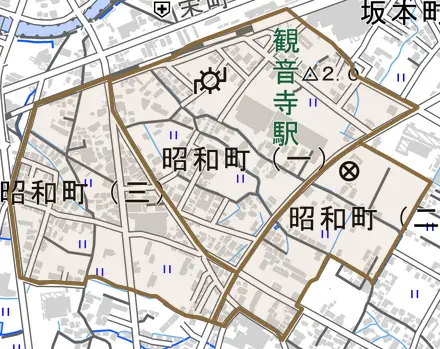 昭和町とその周辺の地図。町の範囲を重ねている