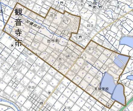 出作町とその周辺の地図。町の範囲を重ねている