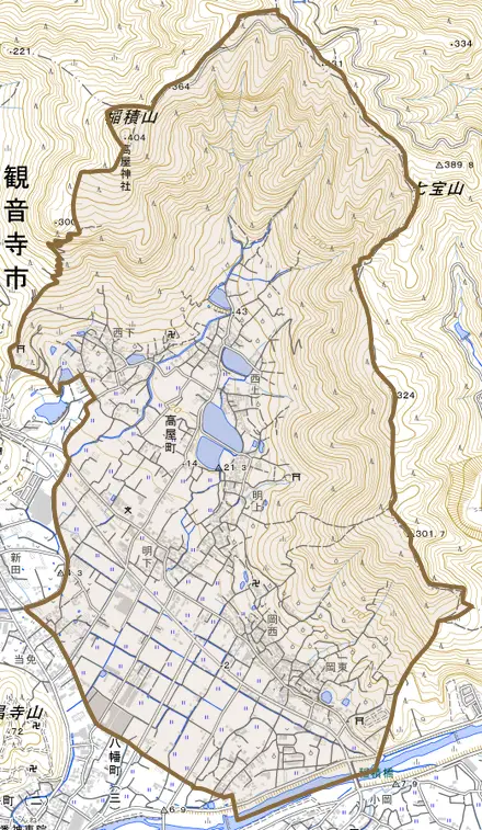 高屋町とその周辺の地図。町の範囲を重ねている
