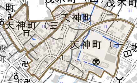 天神町とその周辺の地図。町の範囲を重ねている