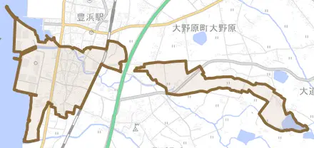 豊浜町和田浜とその周辺の地図。町の範囲を重ねている