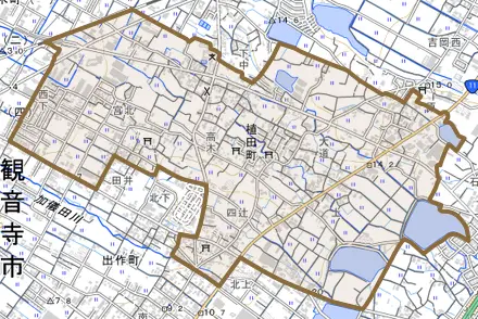 植田町とその周辺の地図。町の範囲を重ねている