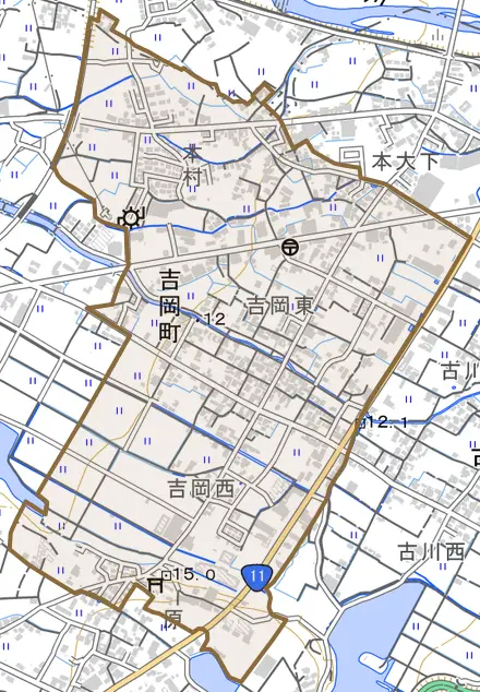 吉岡町とその周辺の地図。町の範囲を重ねている