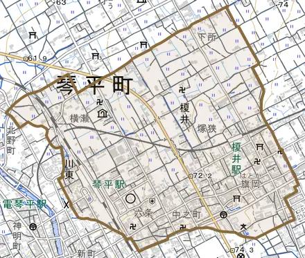 榎井とその周辺の地図。町の範囲を重ねている