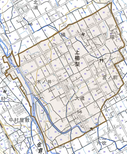 上櫛梨とその周辺の地図。町の範囲を重ねている