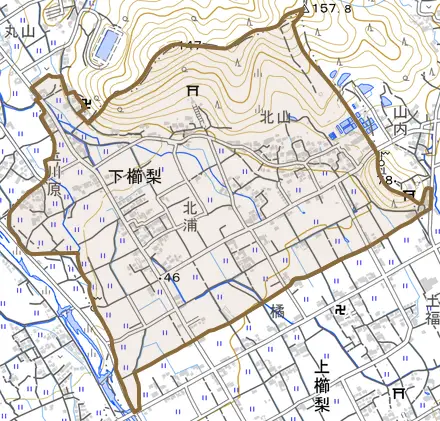 下櫛梨とその周辺の地図。町の範囲を重ねている