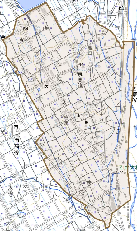 東高篠とその周辺の地図。町の範囲を重ねている