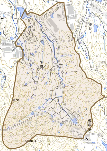 生間とその周辺の地図。町の範囲を重ねている