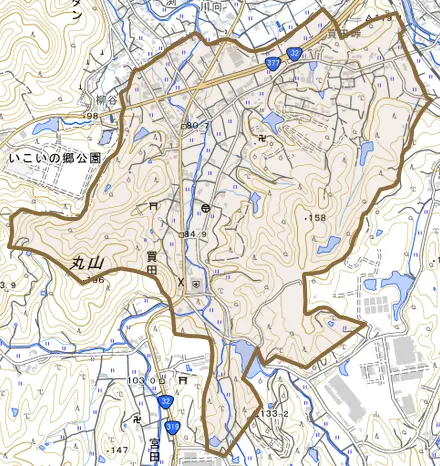 買田とその周辺の地図。町の範囲を重ねている