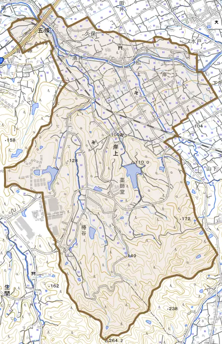岸上とその周辺の地図。町の範囲を重ねている