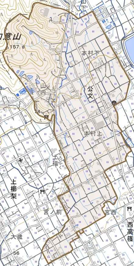 公文とその周辺の地図。町の範囲を重ねている