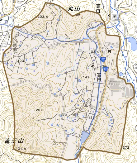 宮田とその周辺の地図。町の範囲を重ねている