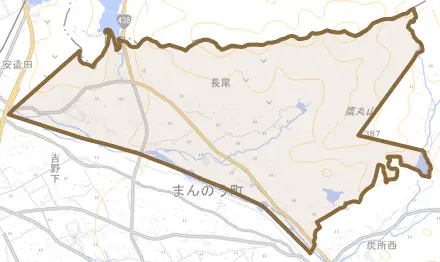 長尾とその周辺の地図。町の範囲を重ねている
