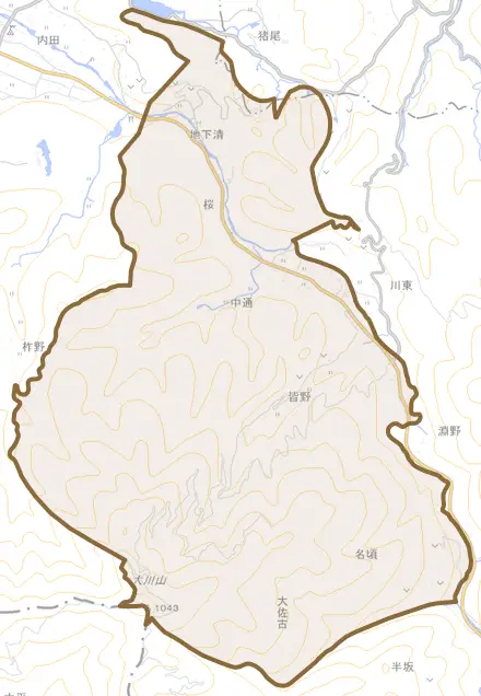 中通とその周辺の地図。町の範囲を重ねている