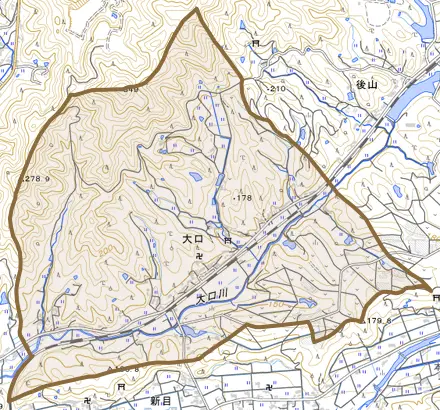 大口とその周辺の地図。町の範囲を重ねている
