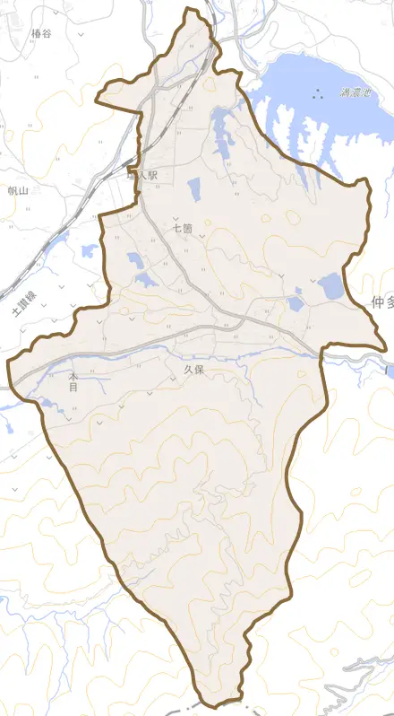 七箇とその周辺の地図。町の範囲を重ねている