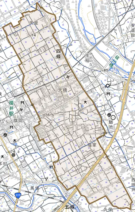 四條とその周辺の地図。町の範囲を重ねている
