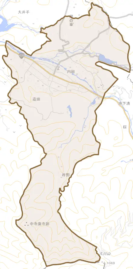 造田とその周辺の地図。町の範囲を重ねている