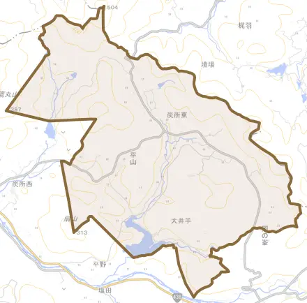 炭所東とその周辺の地図。町の範囲を重ねている