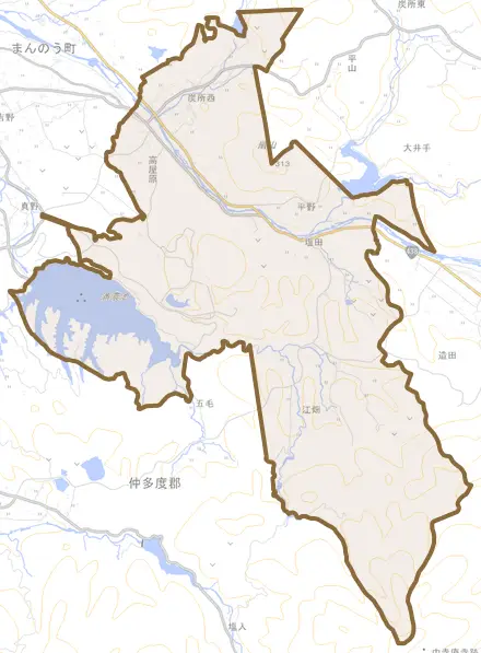 炭所西とその周辺の地図。町の範囲を重ねている