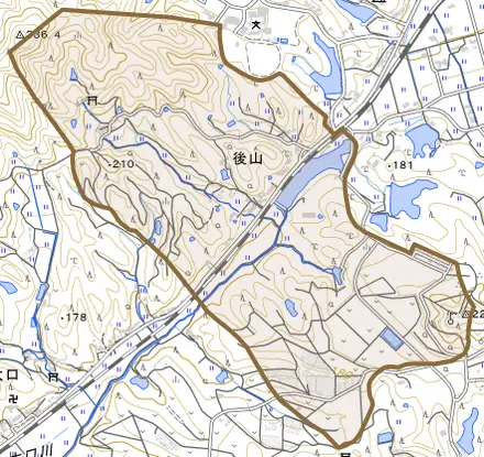 後山とその周辺の地図。町の範囲を重ねている