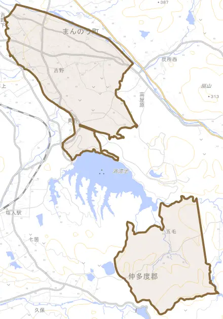 吉野とその周辺の地図。町の範囲を重ねている